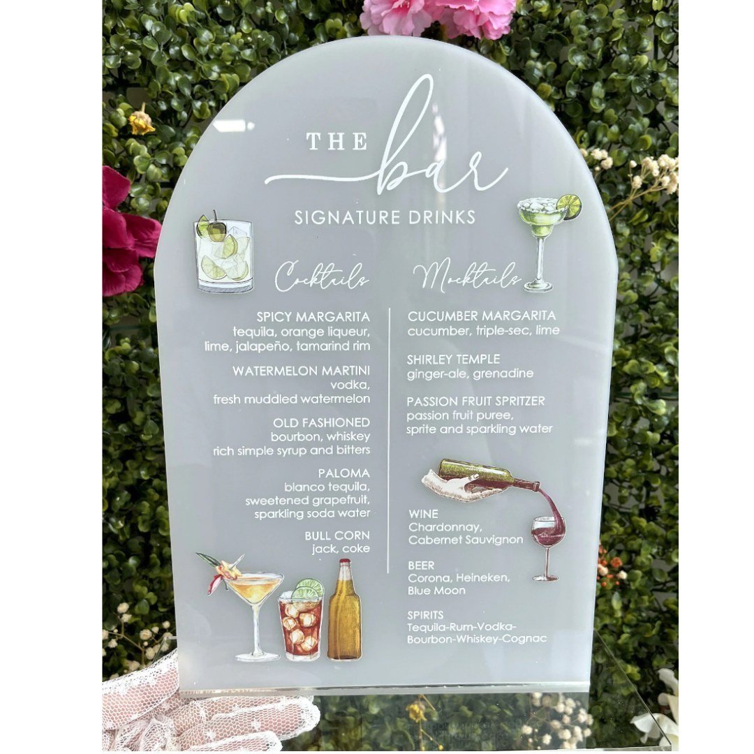 A frosted acrylic wedding bar menu sign adds an extra ethereal and luxury touch to your wedding.

#luxurybridal #bridal #NYLBFW #wedding #weddinginspo #weddinginspiration #weddingplanning #weddingday #bridal #bride #barmenu #weddingbar #weddingbarmen