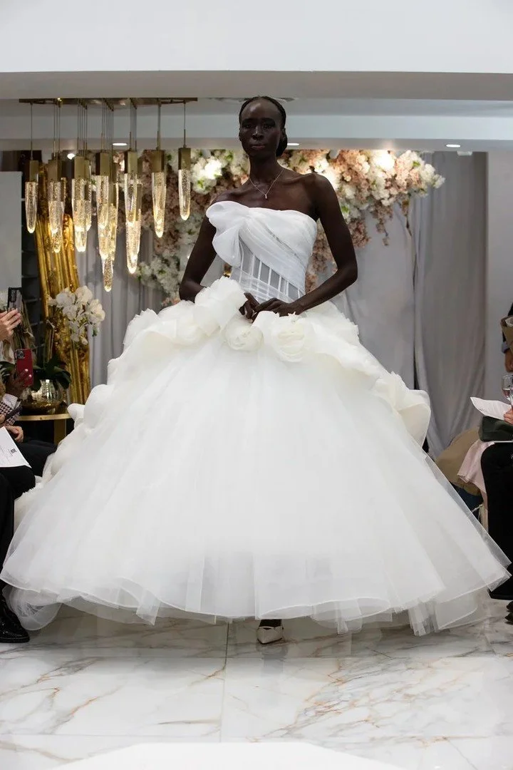 A breathtaking strapless ballgown with a tulle skirt and deconstructed bodice. Es&eacute; Az&eacute;nabor Fall 2026 Bridal Collection.

#NYLBFW #WeddingInspiration #BridalFashion #WeddingDress #BridalInspo #WeddingStyle #RomanticWedding #WeddingPhoto