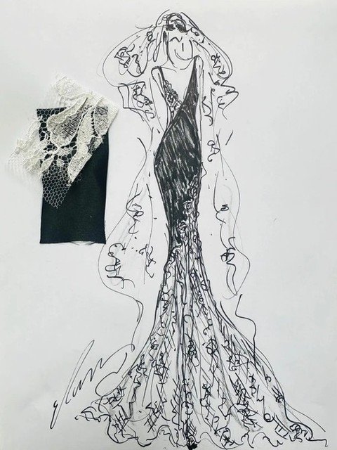 A striking sketch paired with fabric swatches for the upcoming @efbridal Spring 2027 collection.

NYLBFW April 7th-10th. 

#NYLBFW #WeddingInspiration  #BridalInspo #WeddingStyle #RomanticWedding 
#Weddings
#DesignerSketch
#BridalSketch
#WeddingDress