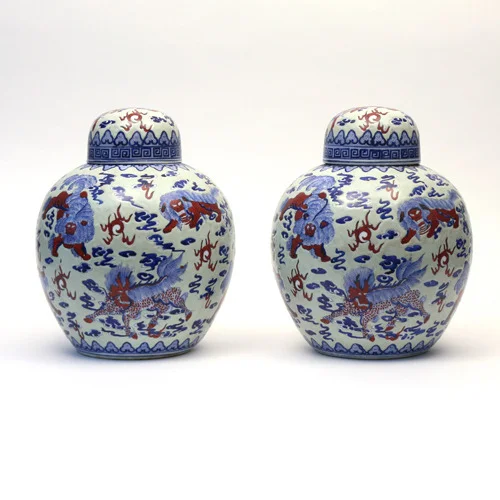 Lot 125 - Pair Chinese 'Buddhist Lion' Jars & Covers