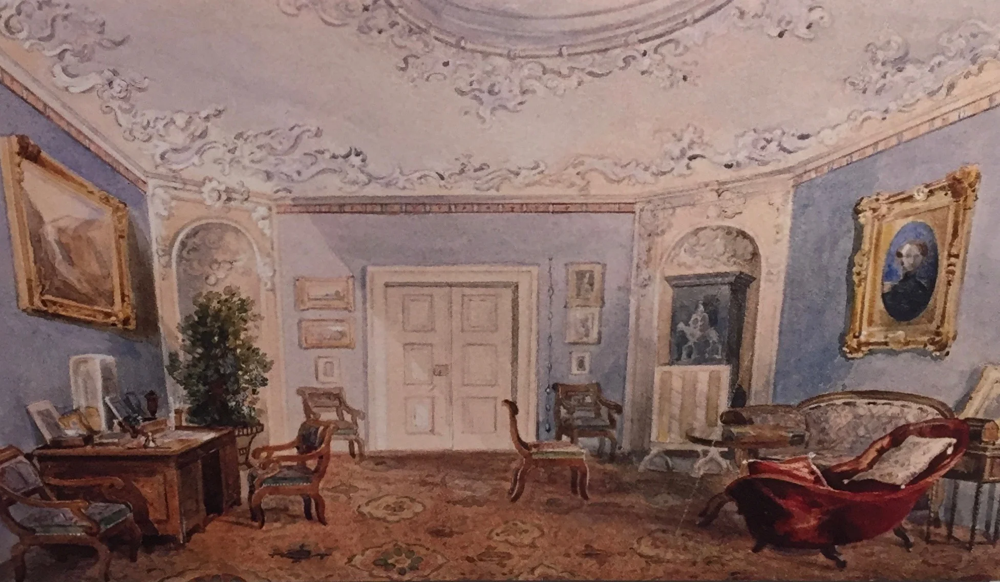 Note the portrait in original frame on the wall at right.