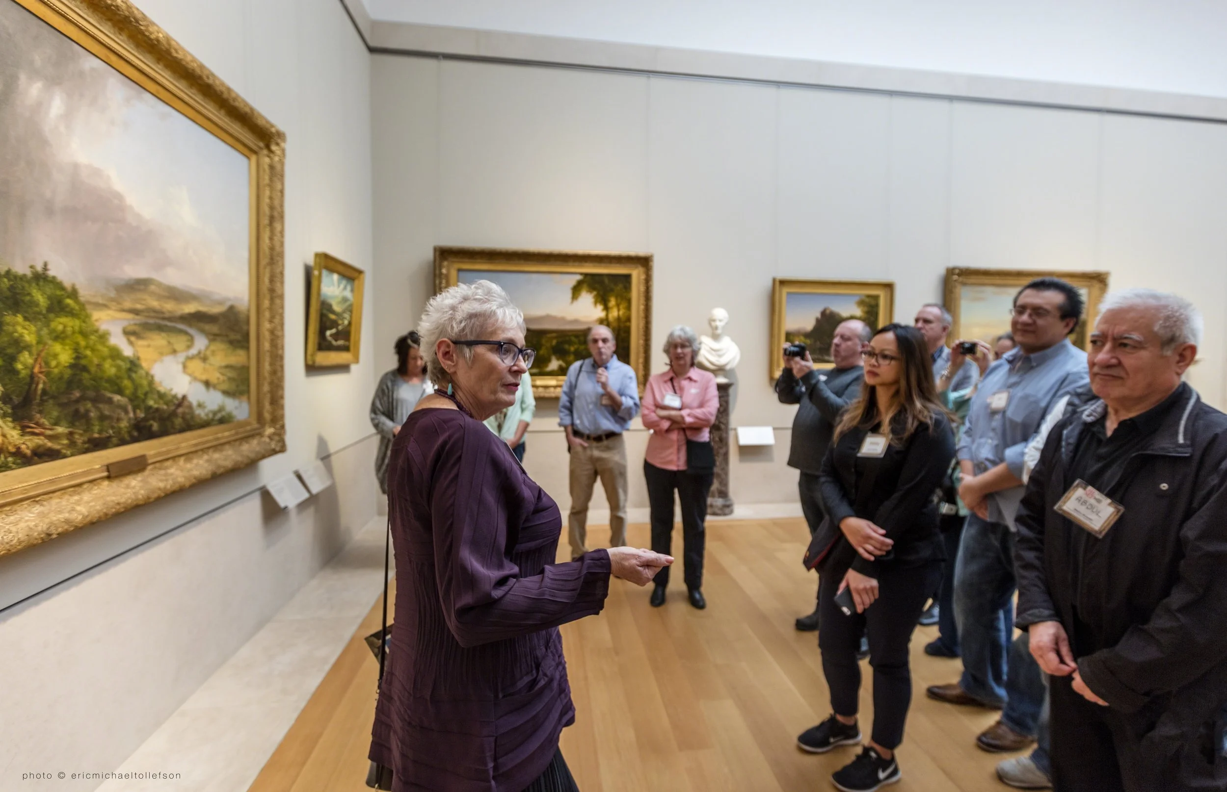Discussing the frame on Thomas Cole’s View from Mount Holyoke, Northampton, Massachusetts, after a Thunderstorm- The Oxbow , 1836. Photo by Eric Michael Tollefson.