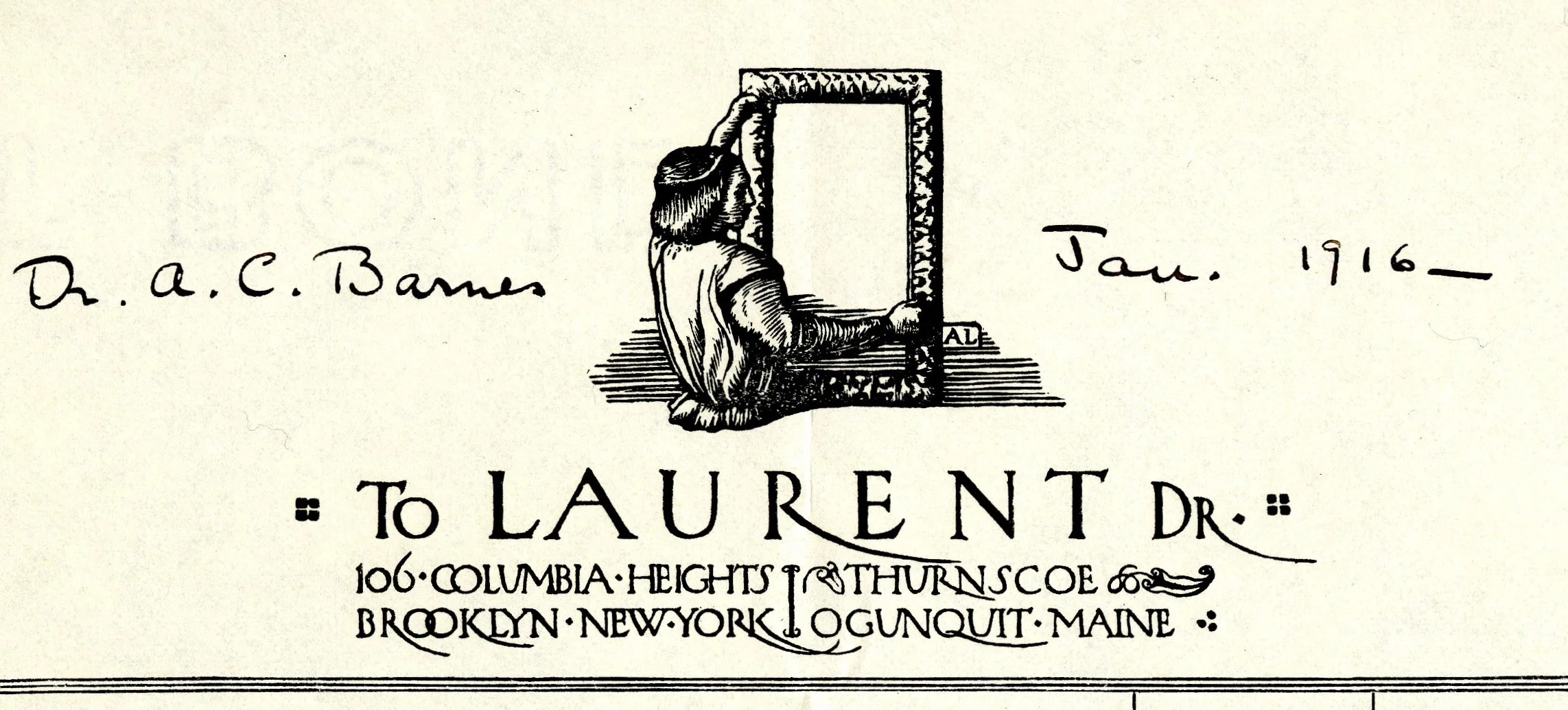 Letterhead on an invoice for frames from Robert Laurent to Dr. Alfred Barnes