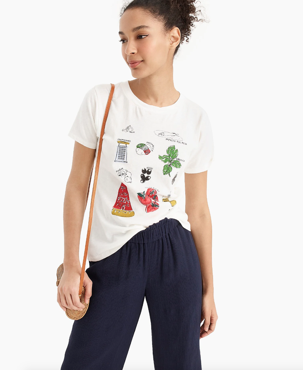 Camilla Atkins, CATKINS DESIGN for J. Crew Spring 2019, Pizza ingredients 2 screen printed tee shirt- women's apparel.png