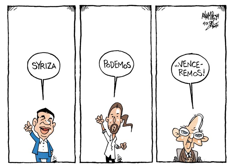 "Syriza, Podemos, Venceremos" ("Syriza, Podemos, We Will Win") - Tsipras, Iglesias, Schäuble - by Tasos Anastasiou