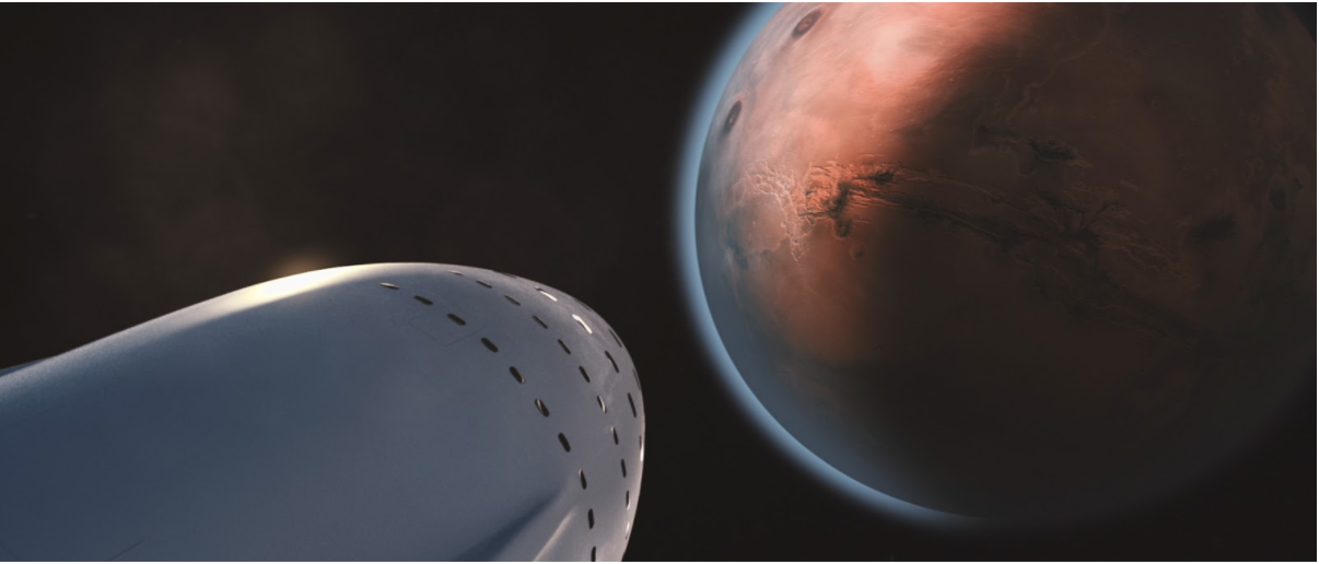A rendering of SpaceX’s Interplanetary Transport System arriving on Mars.