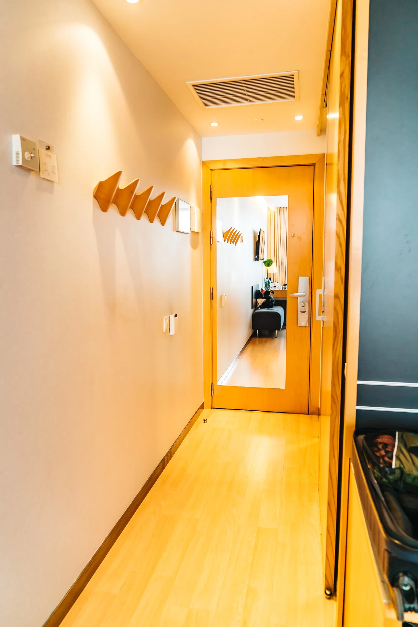 Nice hallway with large mirror and coat rack