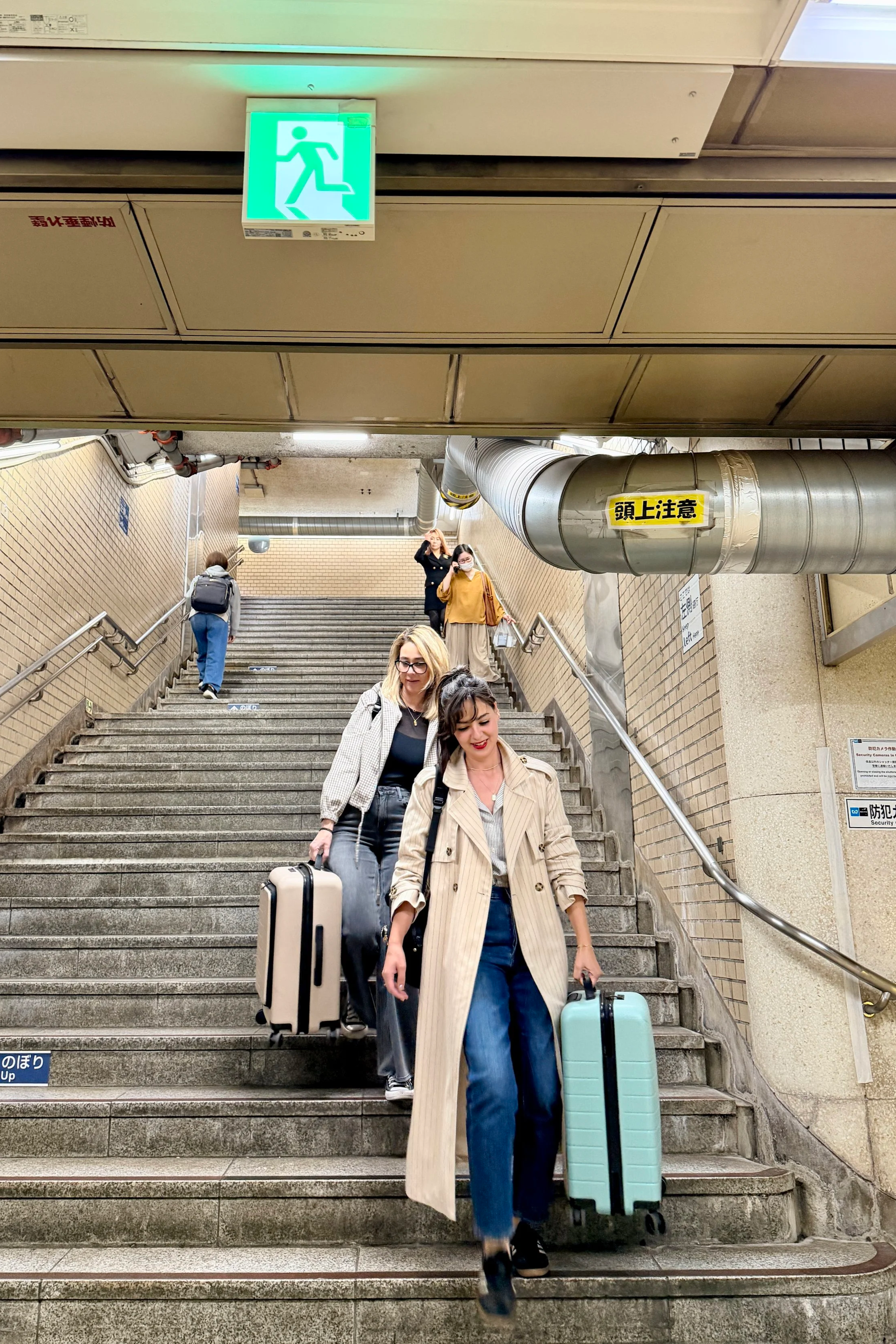 walking down stairs with luggage