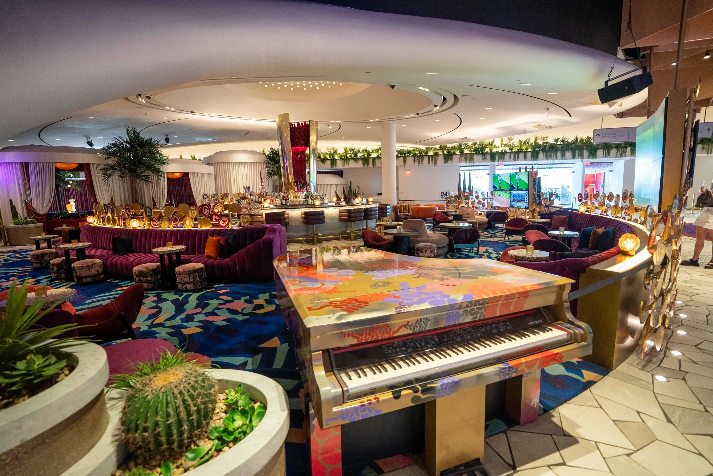 Colorful bar area by the lobby and entrance