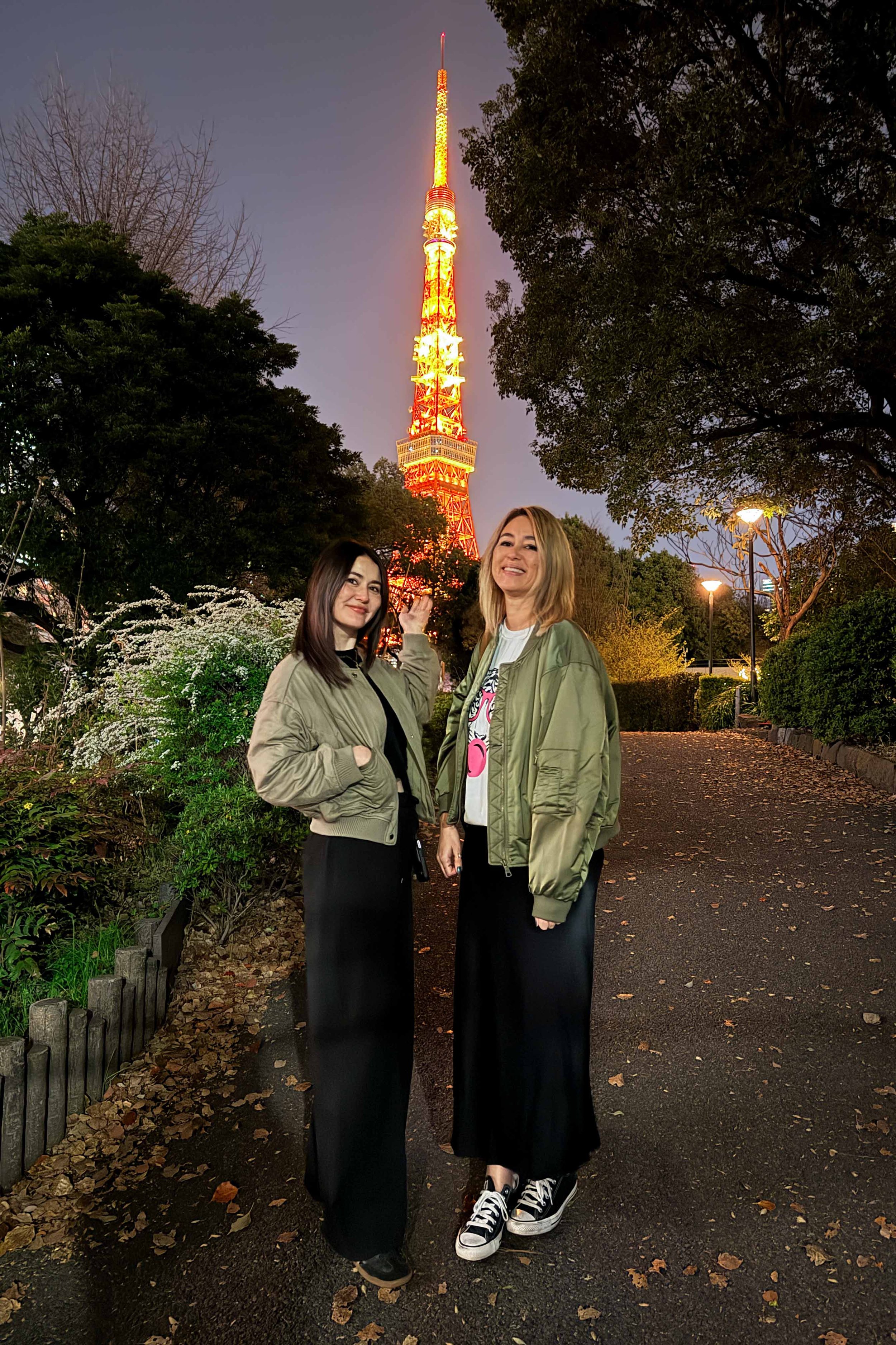 Standing in front of the Tokyo Tower with my favorite bomber jacket