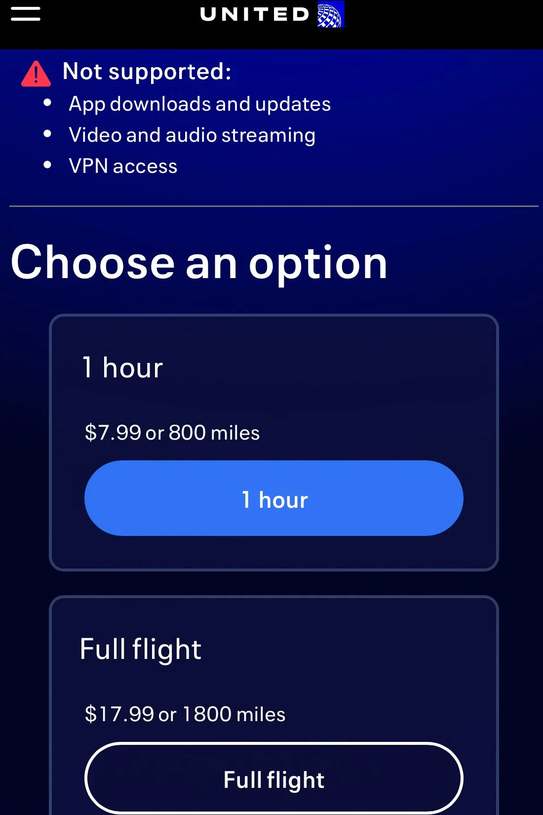1 hour or full flight wifi options