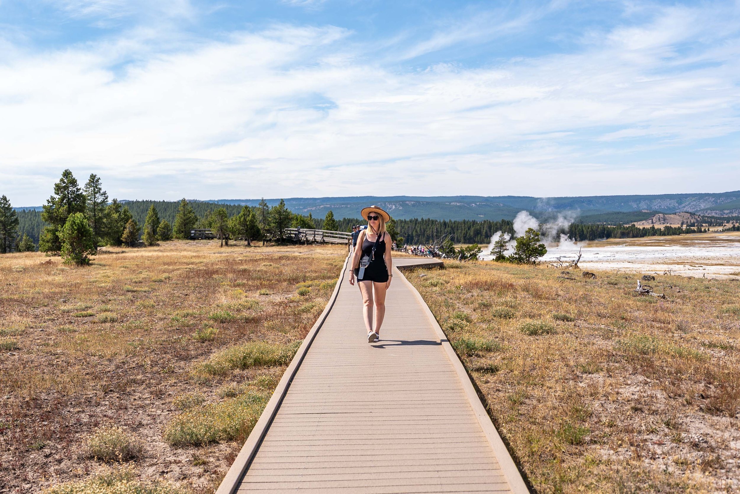 Walking on a boardwalk at Yellowstone
