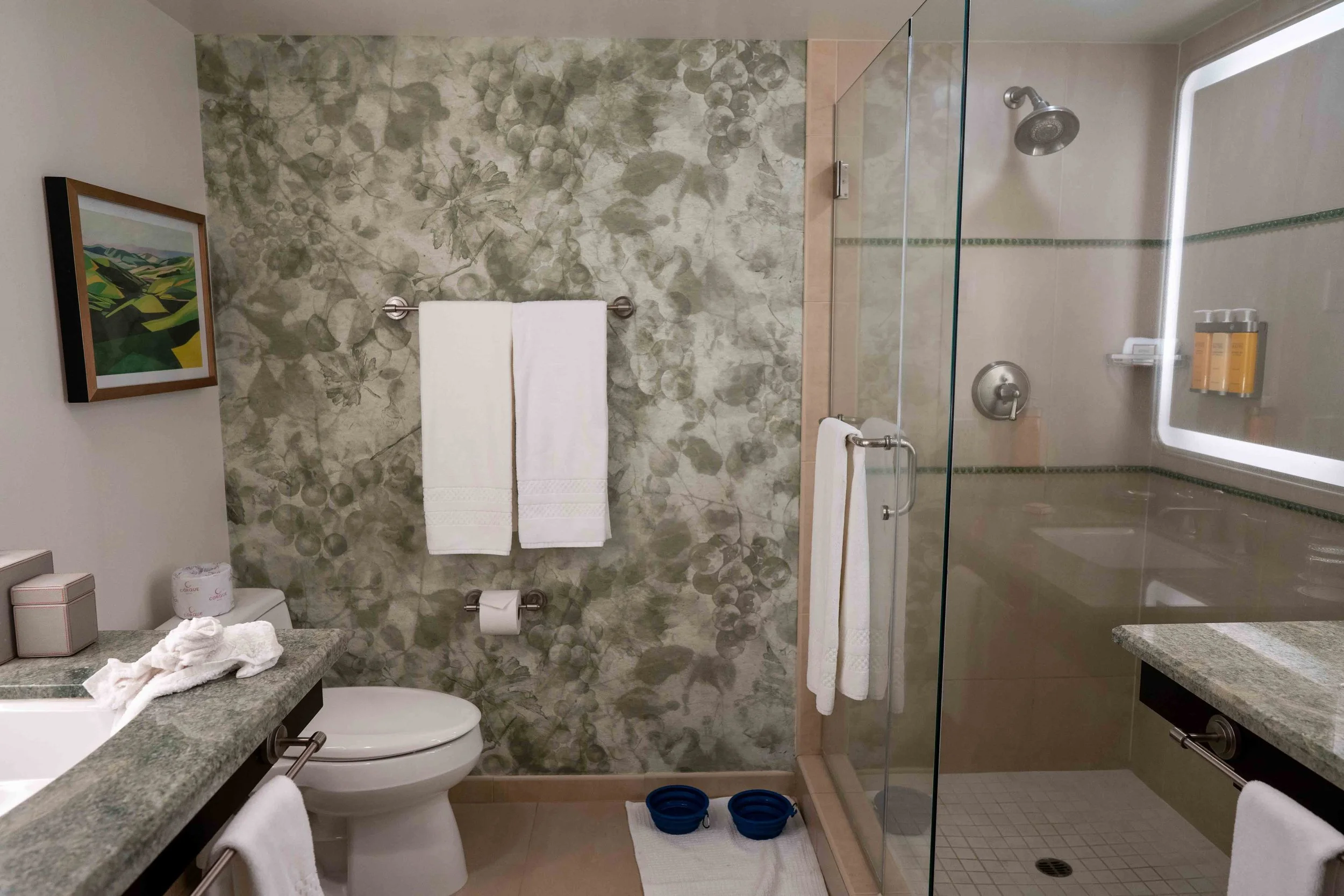 bathroom with green wallpaper