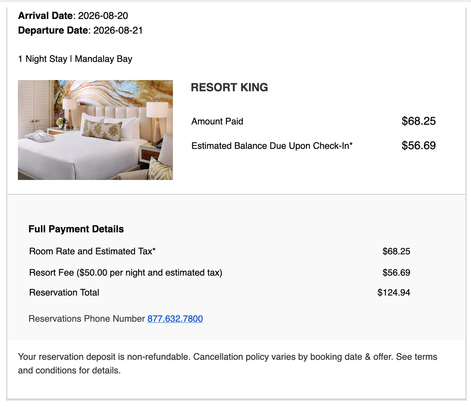 Total cost for Mandalay Bay Resort Stay in Vegas
