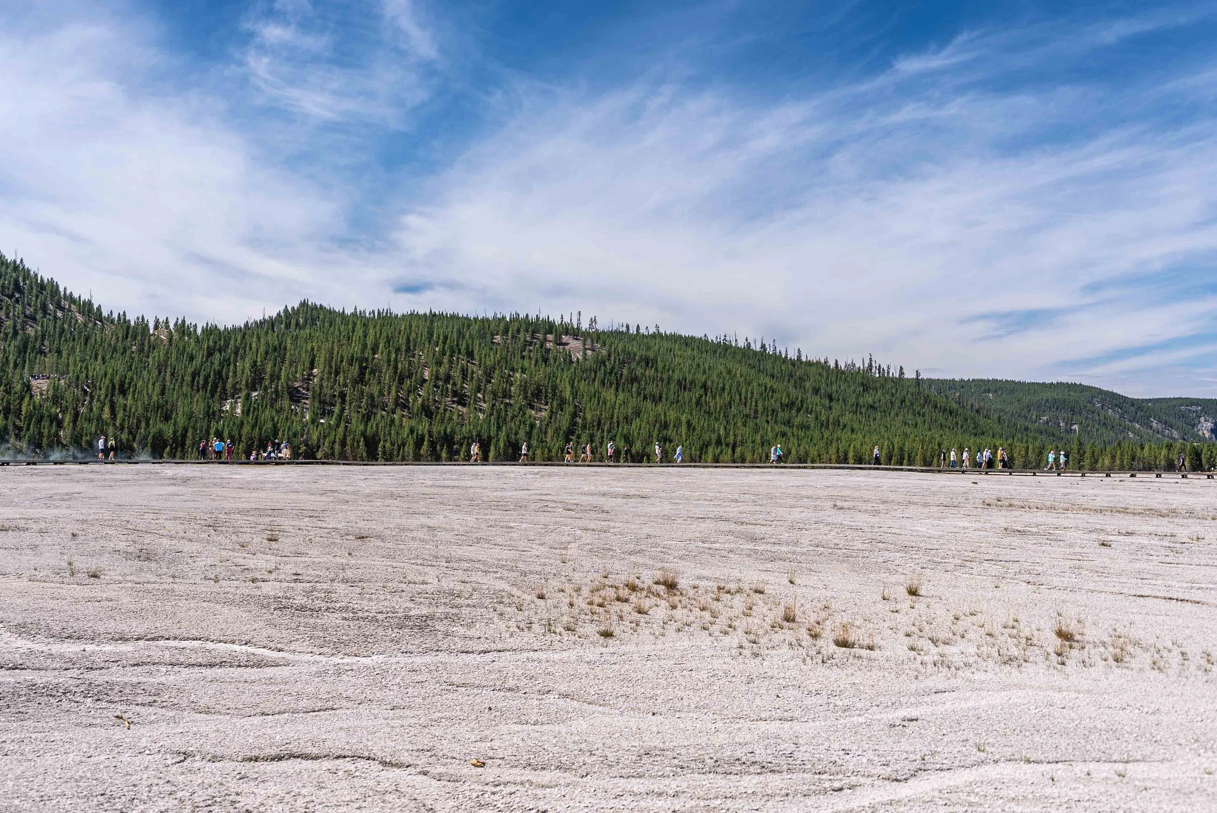 Grand Prismatic boardwalk from afar at Yellowstone National Park