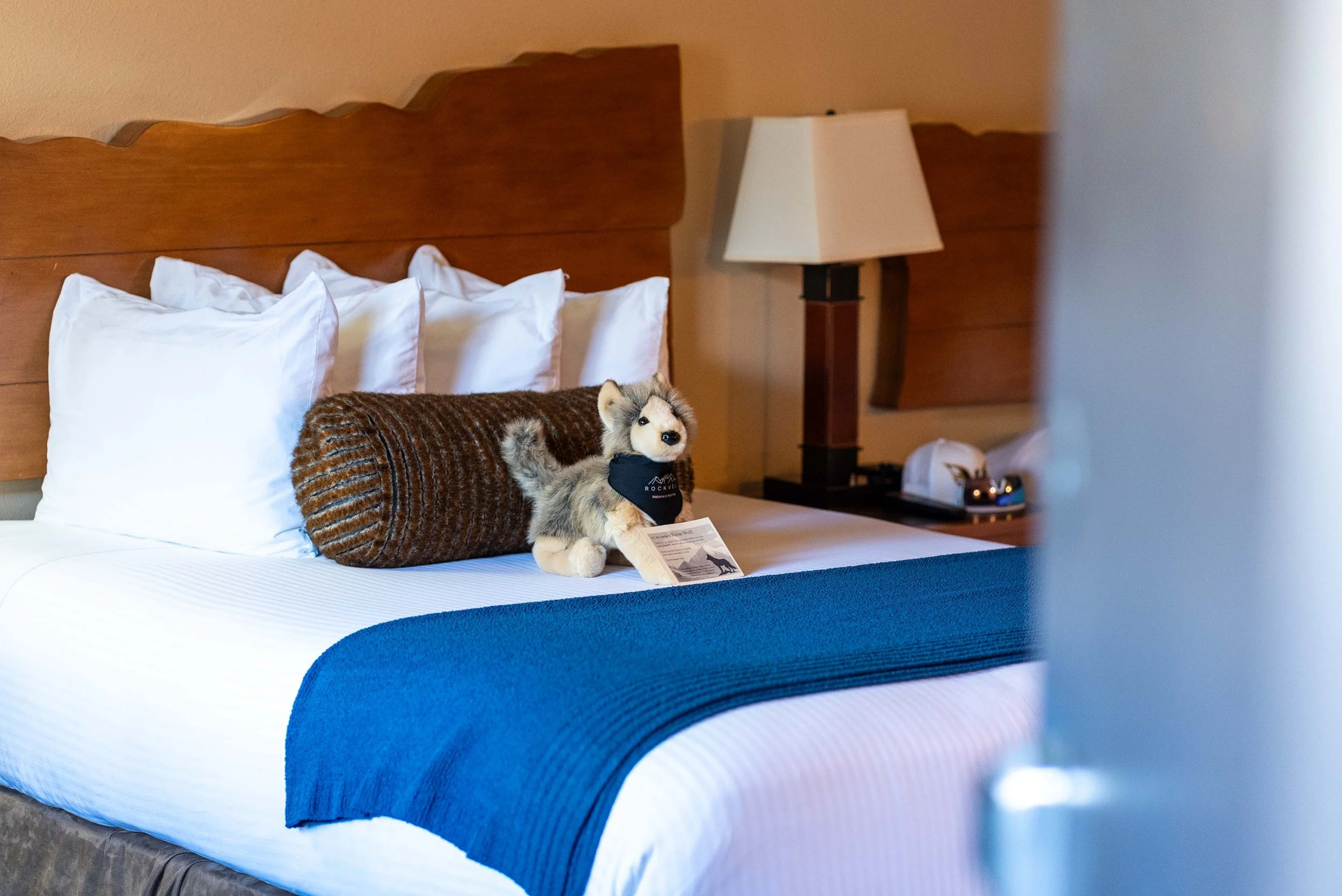 Wolf stuffed animal sitting on top of the hotel bed