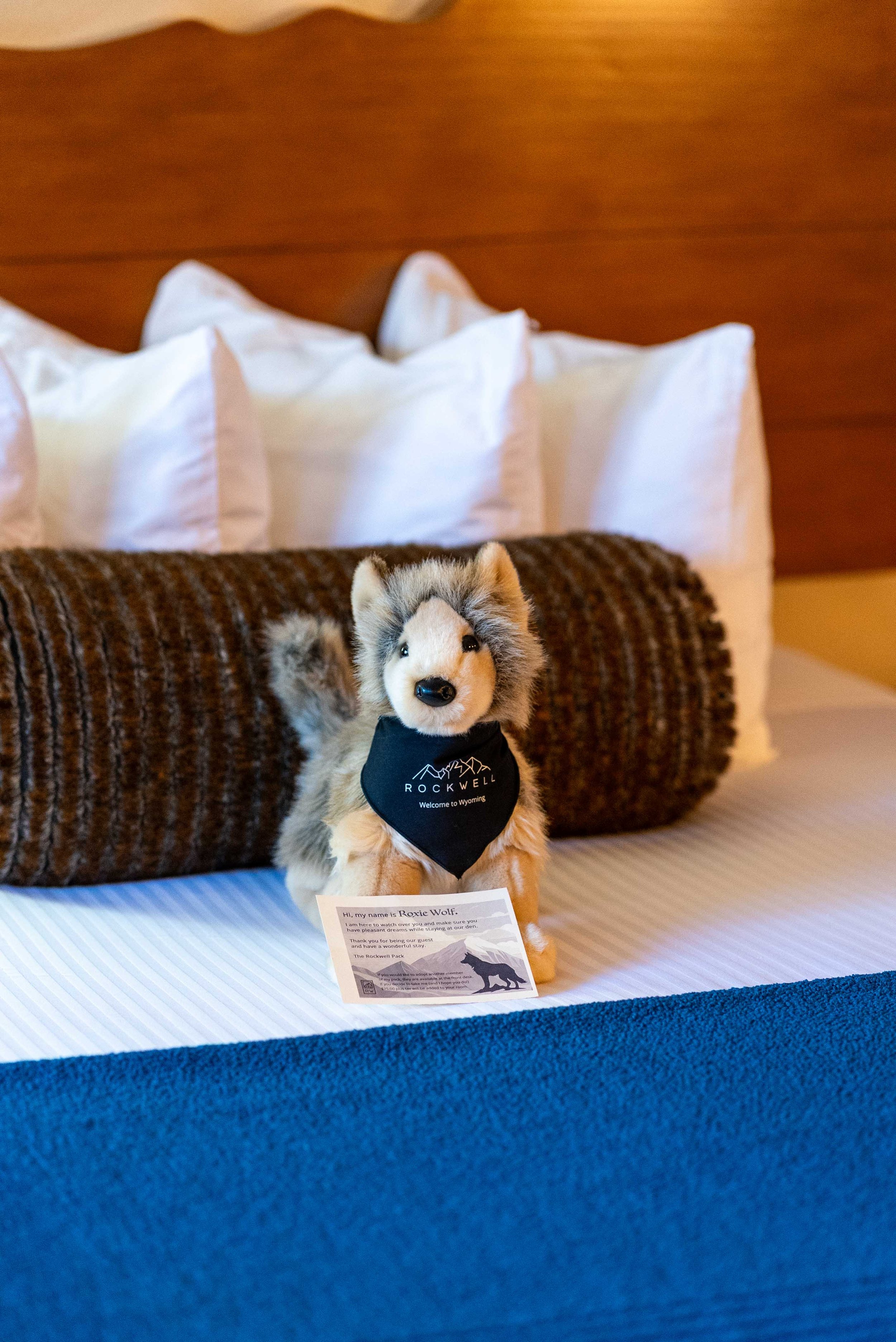 Roxie the wolf stuffed animal on the bed