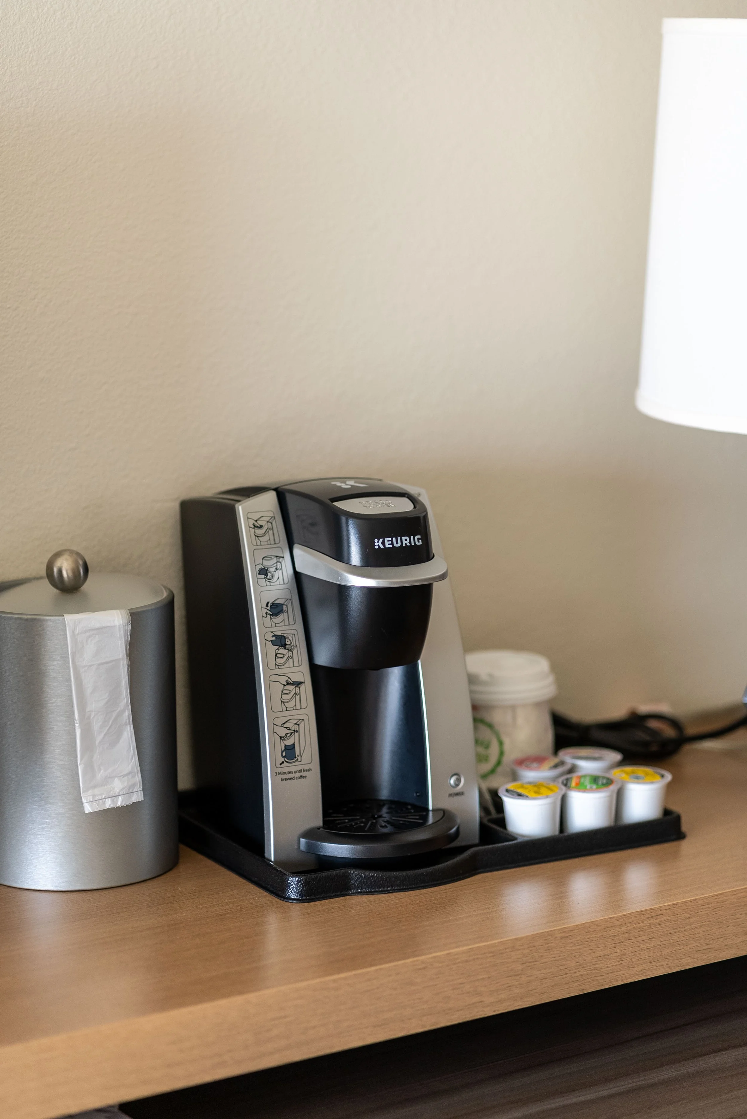 Keurig coffee machine with coffee, decaf, and tea