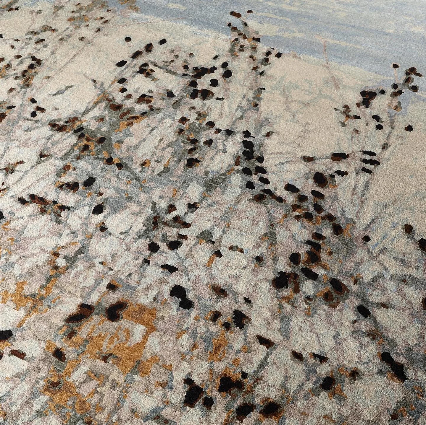 SNOW, is a winter wonderland art piece showcasing the harmony of soft colors and lively details, inviting you to step into a peaceful snowscape. Sample is available at our showroom. @woolandsilkrugs