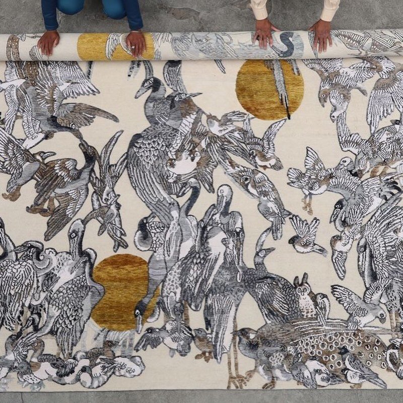 Introducing Migration aka &ldquo;Birds.&rdquo; A rug showcasing diverse bird species. Come view the wild beauty of this piece in person.