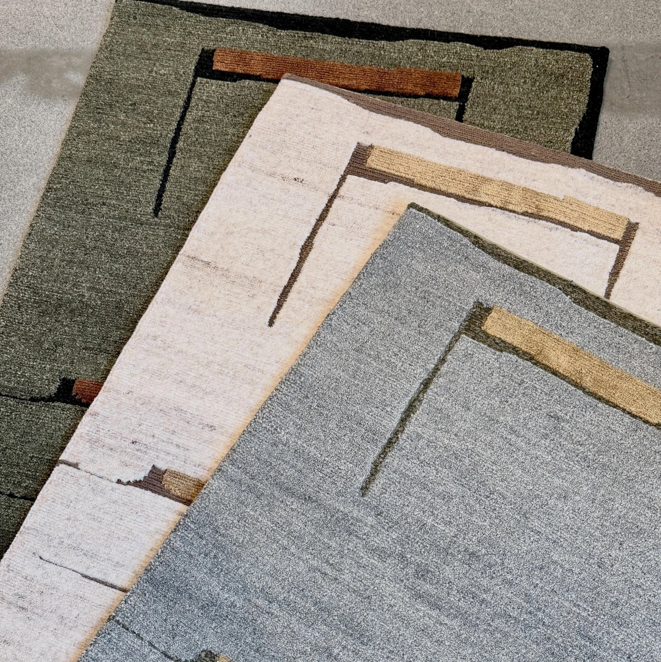 New Asher design part of the Driscolls Robbins Collection! 3 color ways in samples at our showroom. This piece can be made into a full size rug, be the first to come try the new style out.