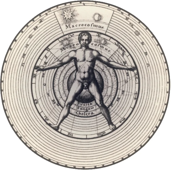 This illustration from a 16th century physician and polymath named Robert Fludd depicts man as microcosm inside of the universe as macrcosm. 