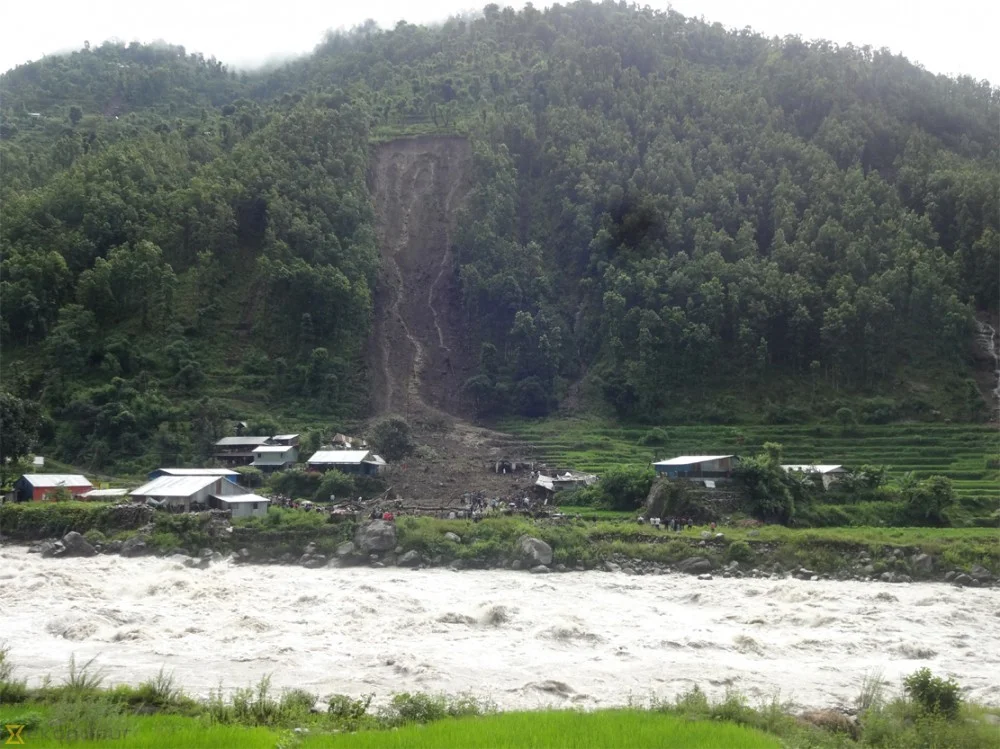 Photograph of the August 7 landslide in ParticipAid's working area in Rasuwa District, Nepal.