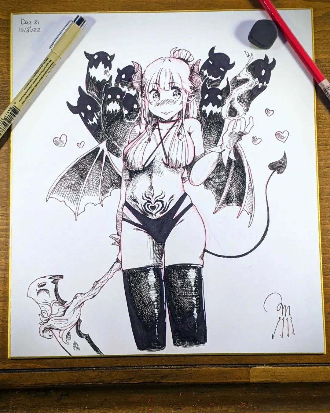 Day 31. &quot;Costume Party&quot;
So for the final day I wanted to do something a little special. So I decided to do a traditional ink piece. Once again I drew Emi (stream mascot)
dressed up as something for Halloween. 🎃
But today she is a succubus.