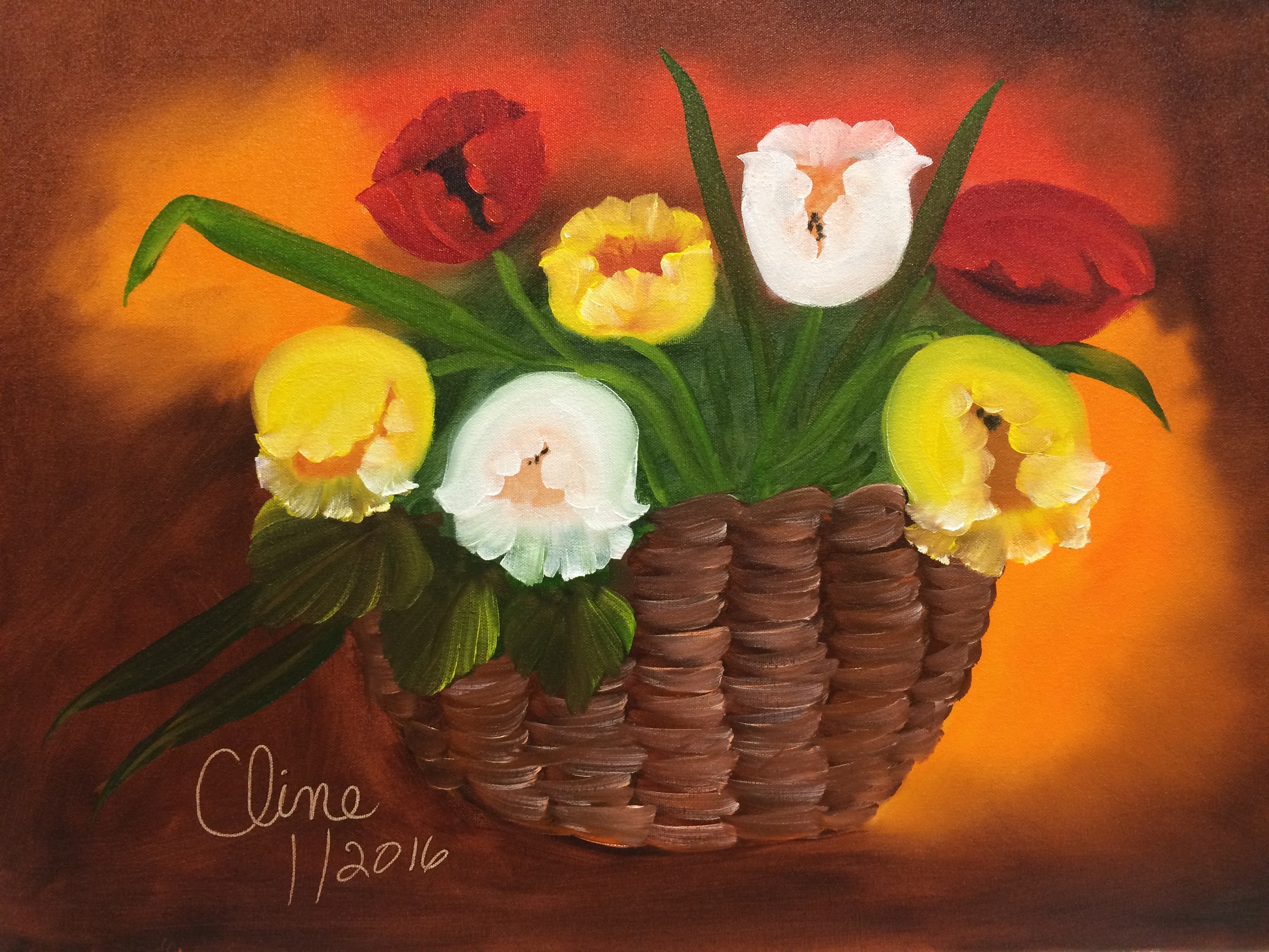 Tulips in a Brown Basket
