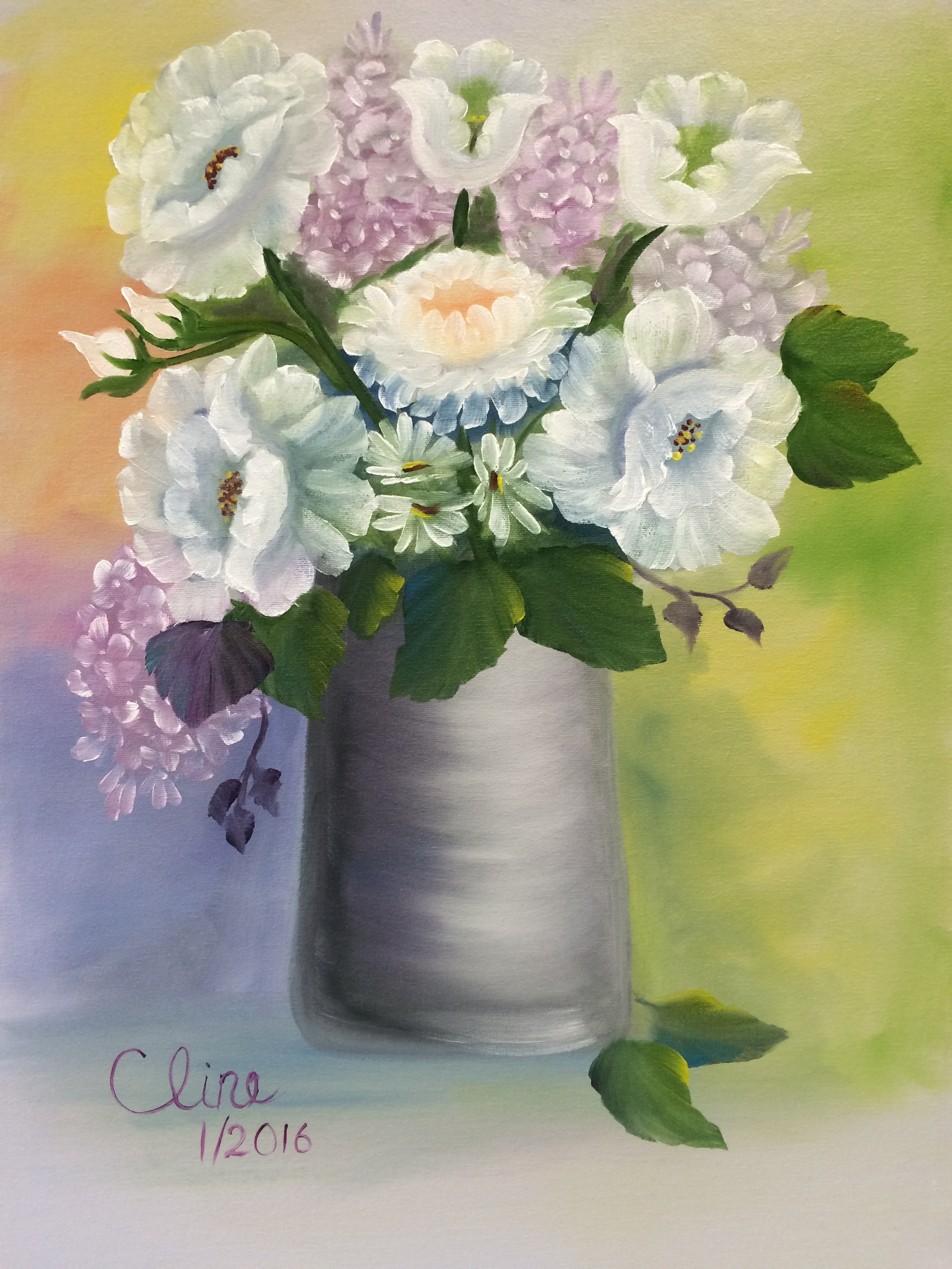 White Flowers in a Pewter Vase
