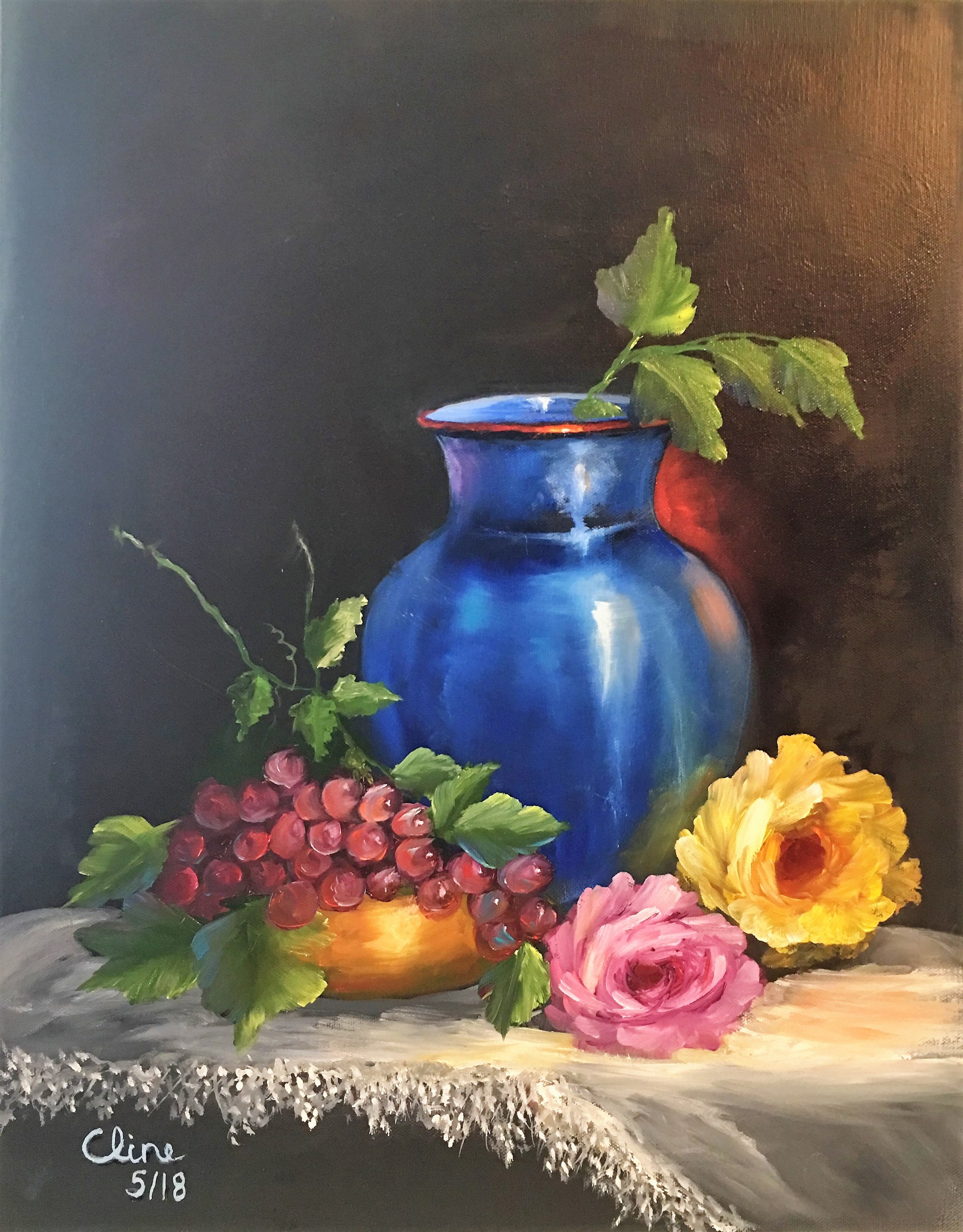 Grapes and Flowers in Blue Vase and Brass Bowl