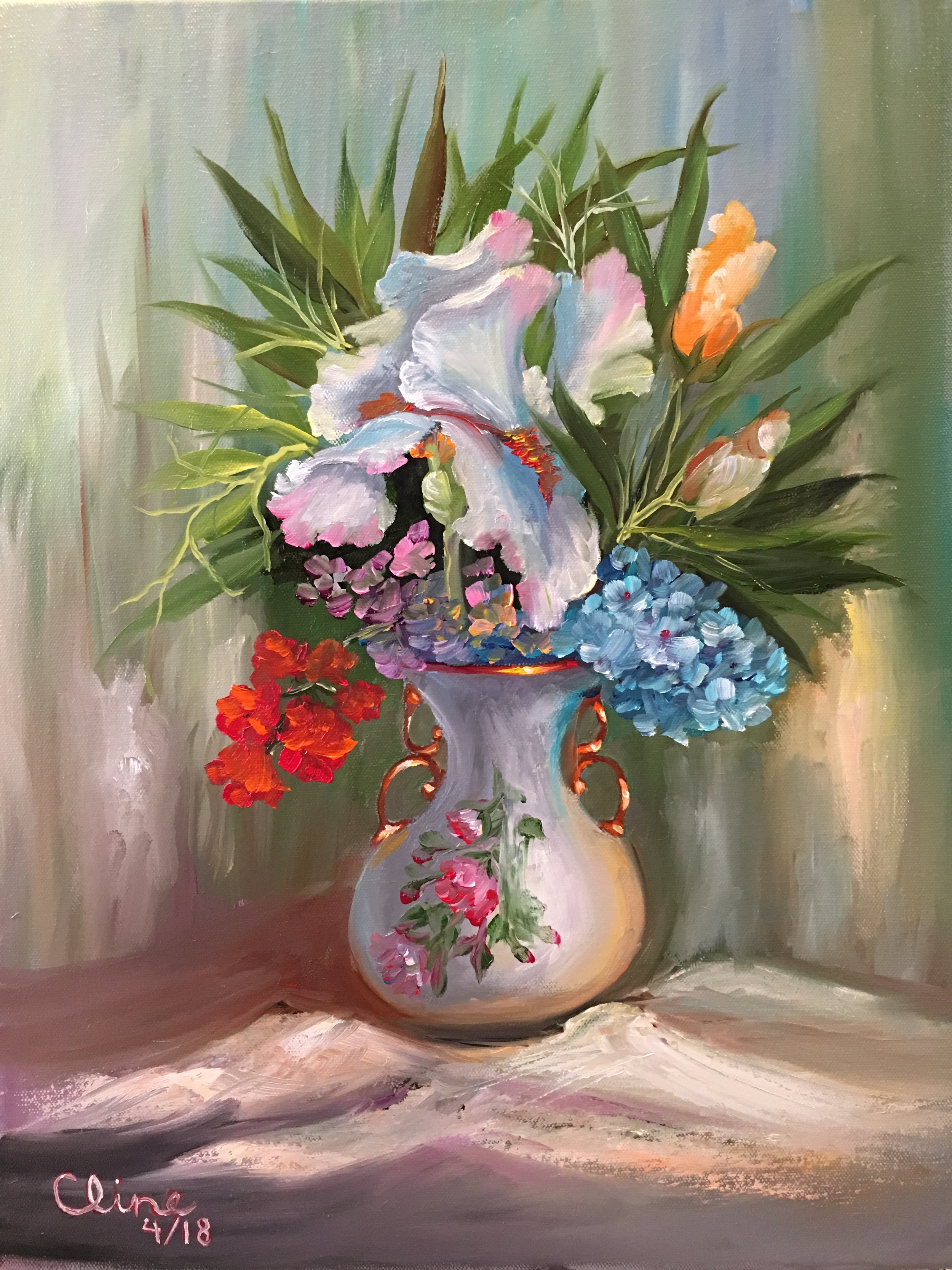 Iris in a Painted Vase