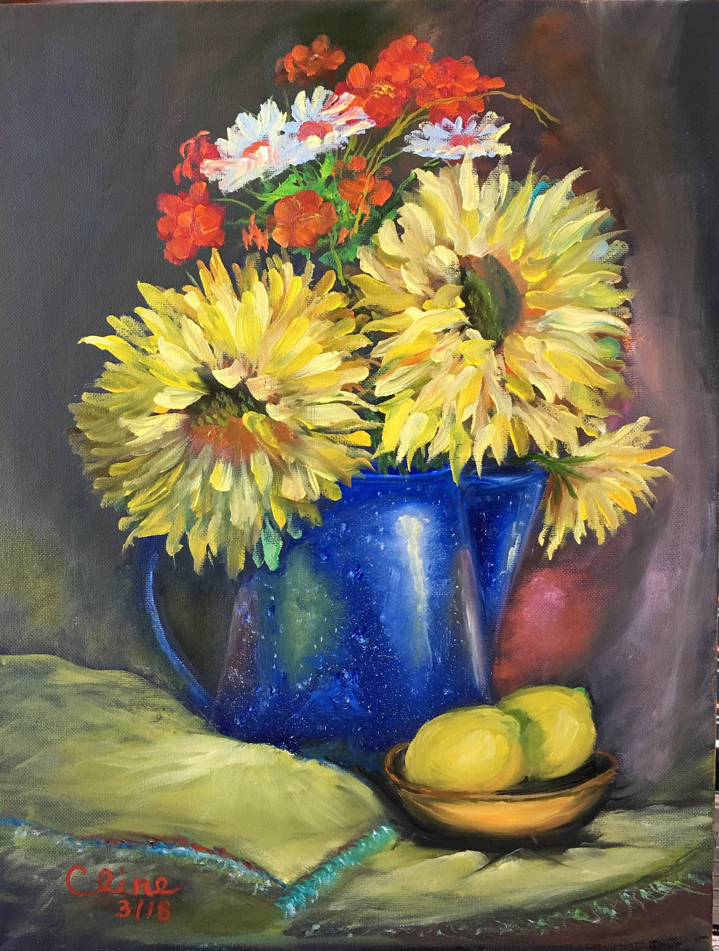 Sunflowers in a Blue Tin Vase