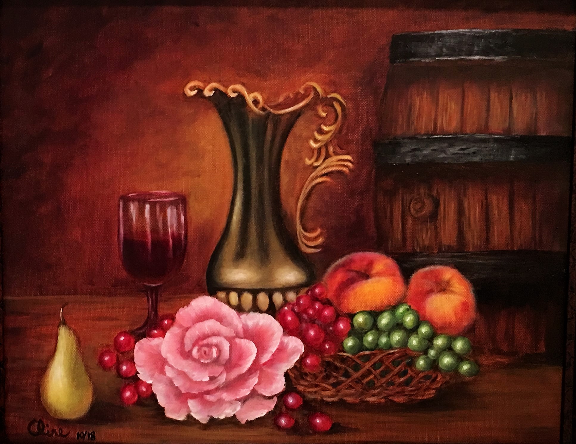 Wine Jug and Glass with Fruit and Rose
