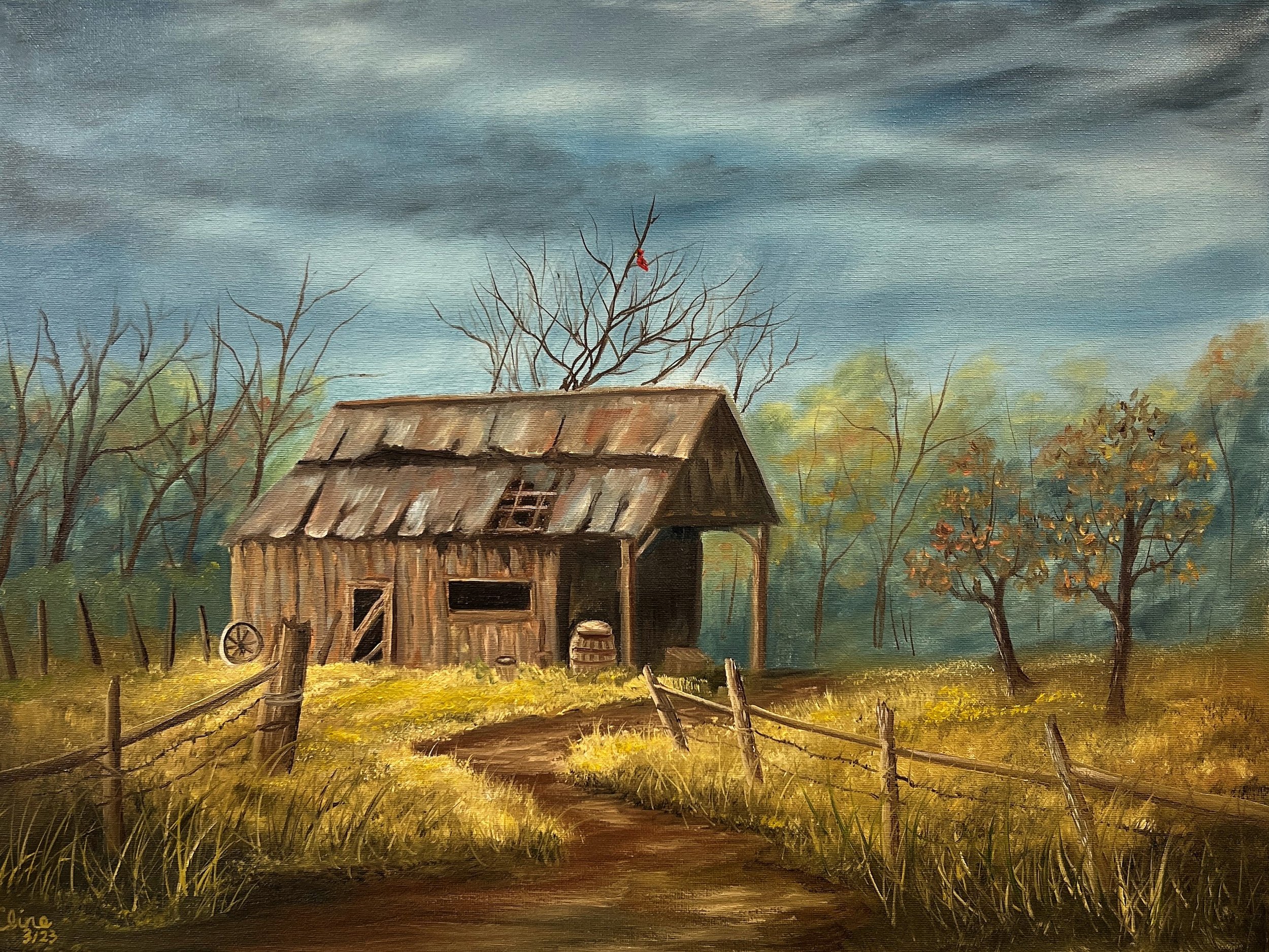 Misty Barn 18x24 my version of Kevin Hill project.JPG