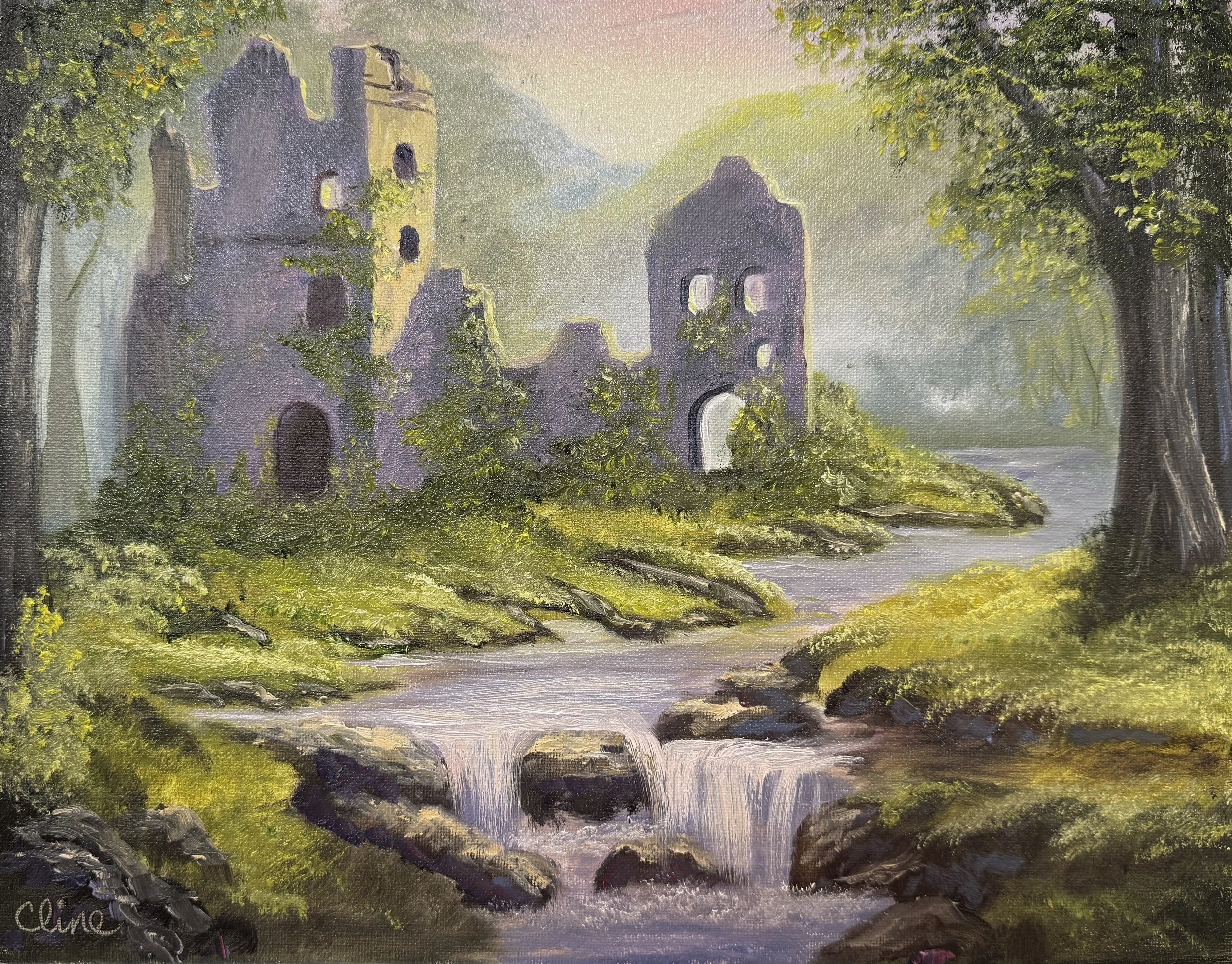 Sunlit Ruins by the River my painting.JPG
