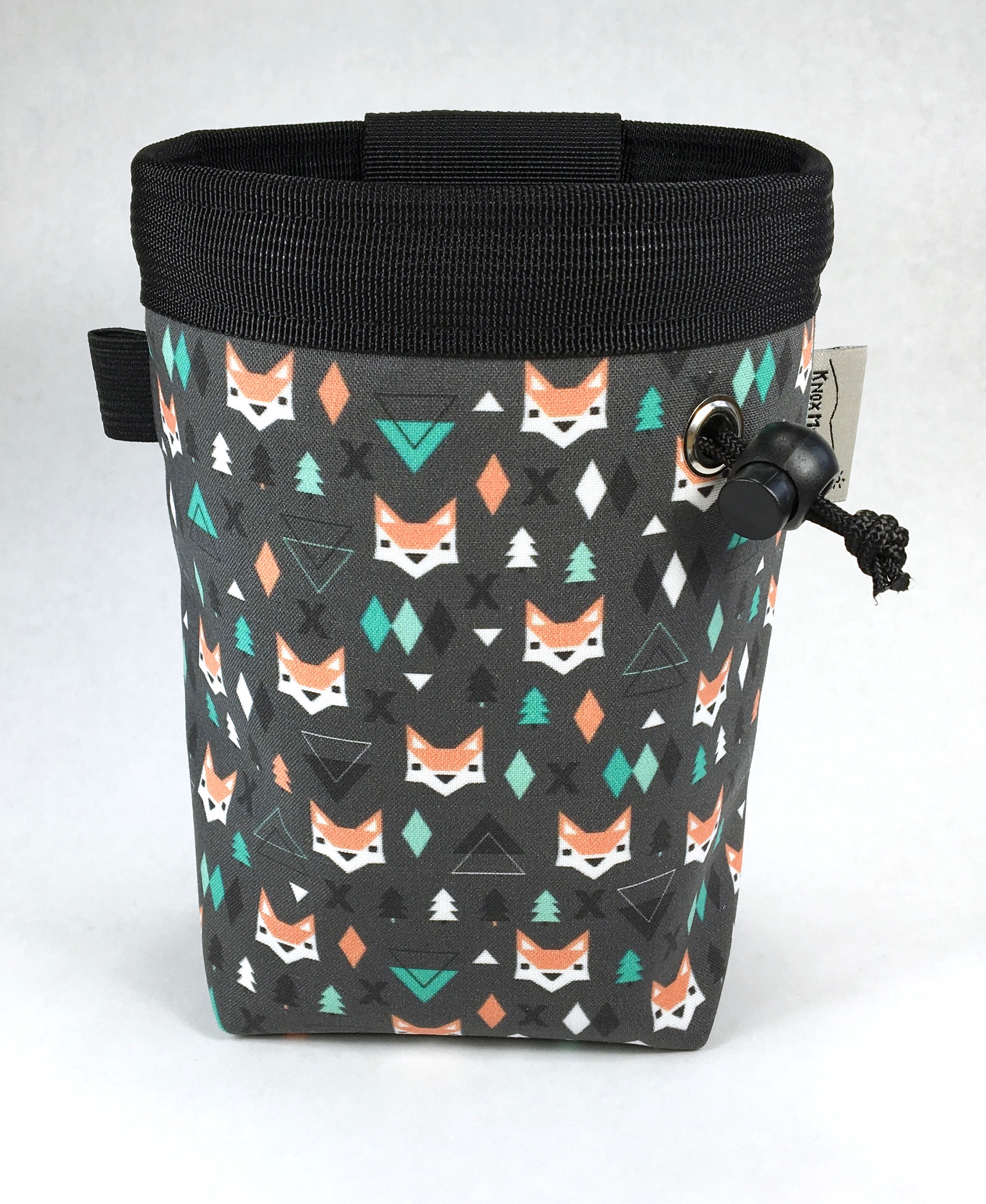 Orange fox faces on gray with teal accents / rock climbing chalk bag
