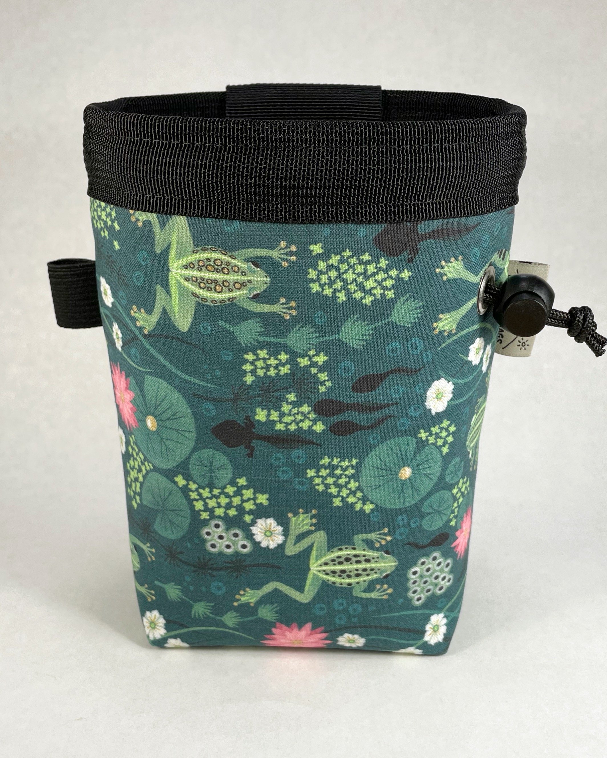 frogs and tadpoles on dark green with lily pads / rock climbing chalk bag