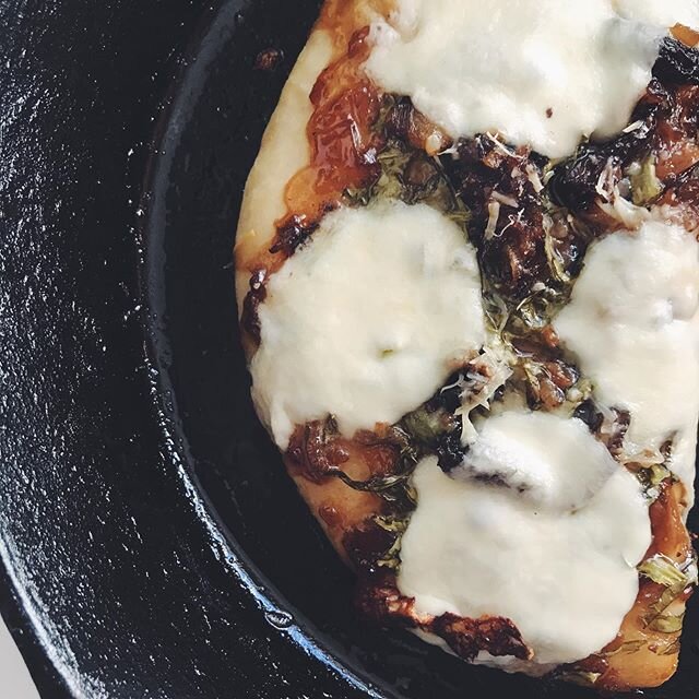 Also made this onion confit/ French sorrel/morel/mozzarella bocconcini pizza.