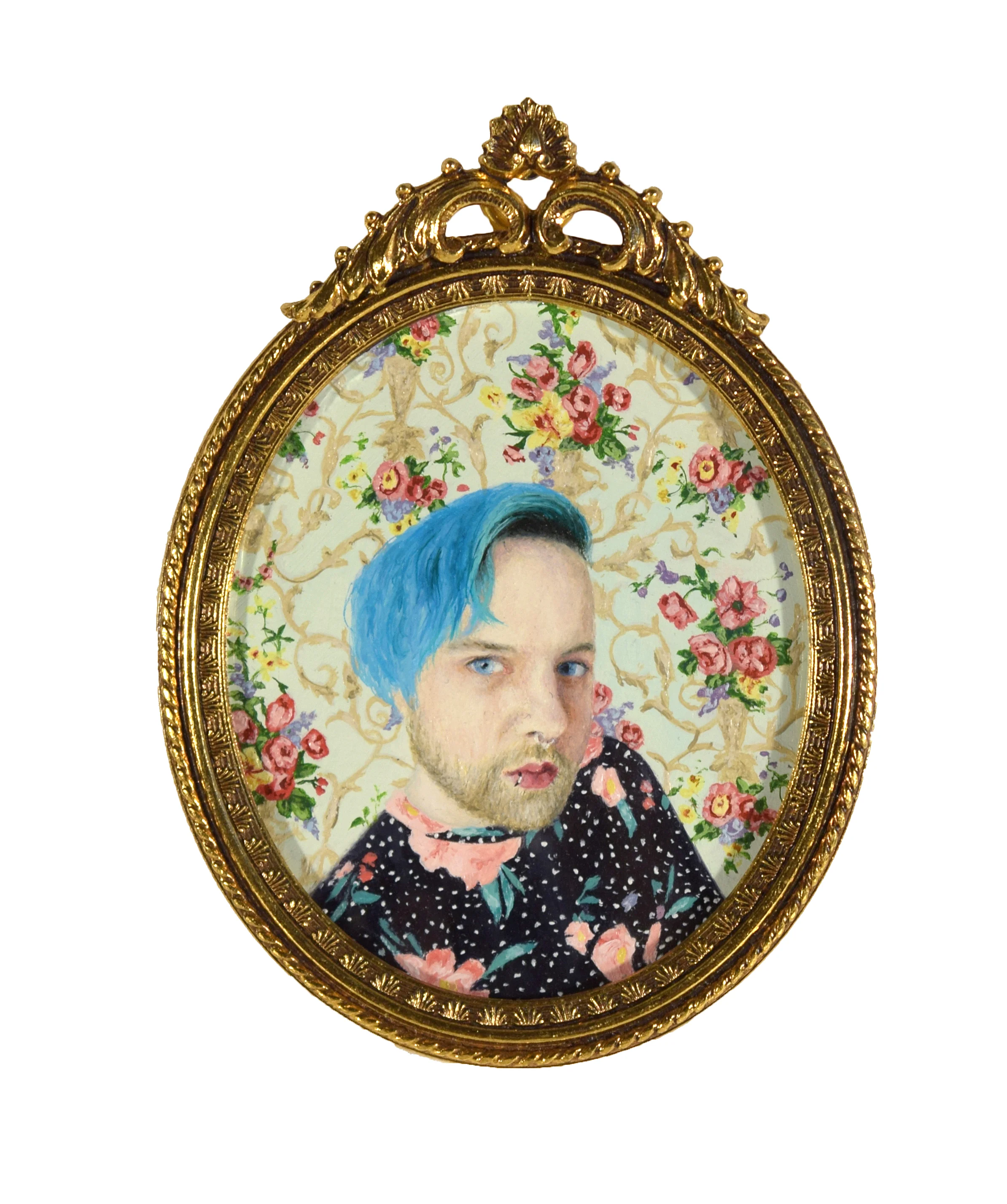 Portrait of Rob Lorino (They/Them) 3.25”x2.5” framed, oil on paper