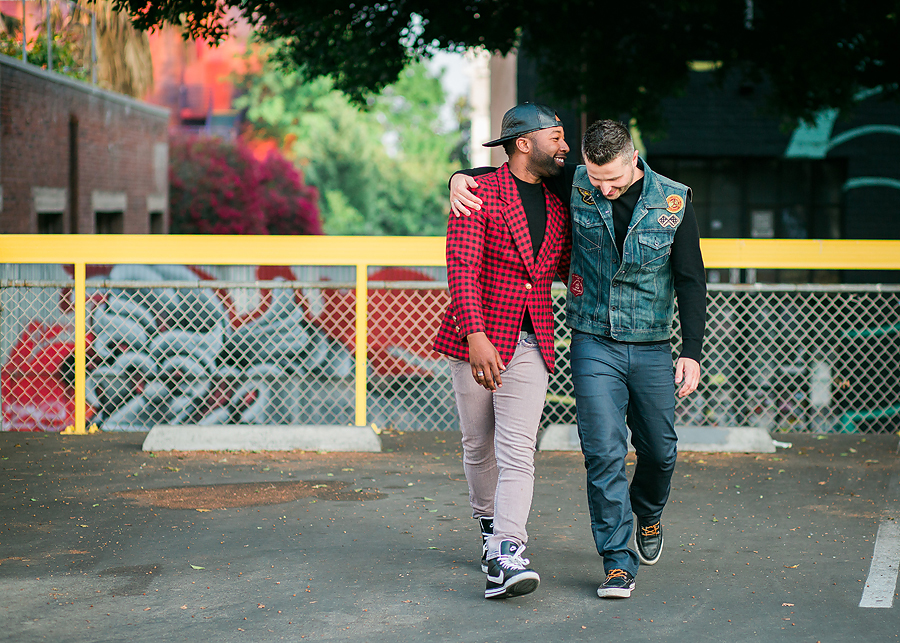 Most people are afraid to go this bold with pattern and color, but Stephan and Adriano rocked their patterns at their urban Los Angeles engagement session.