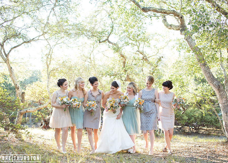  Kristine gave her bridesmaids a color palette and allowed them to buy their own dresses. Each dress reflected a unique style, color, and even fabric which all came together to form a beautiful, eye pleasing combination. 