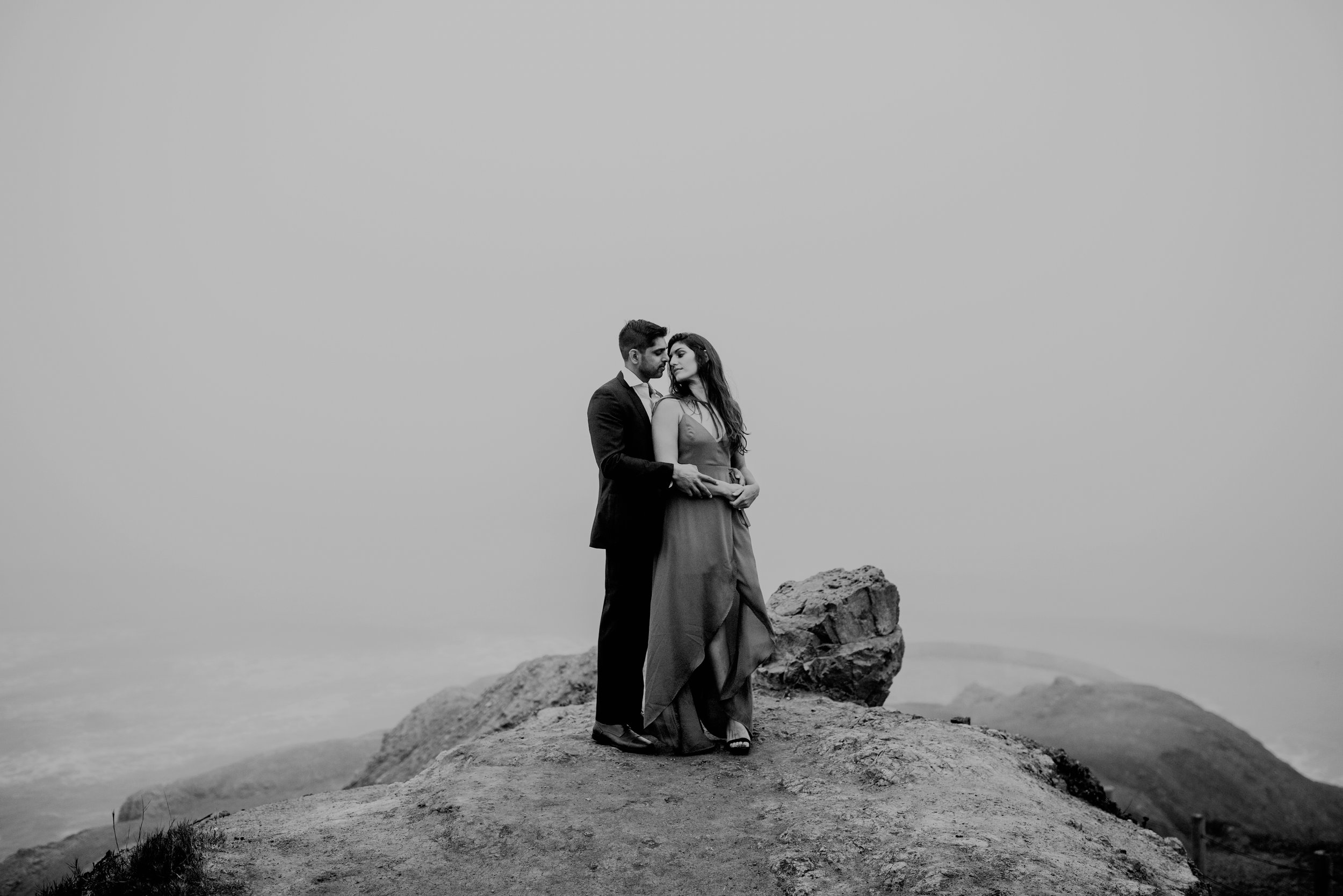 bre thurston photography | san francisco bay area wedding engagement photographer | engaged couple photo session in city, foggy forest, stormy beach, red dress