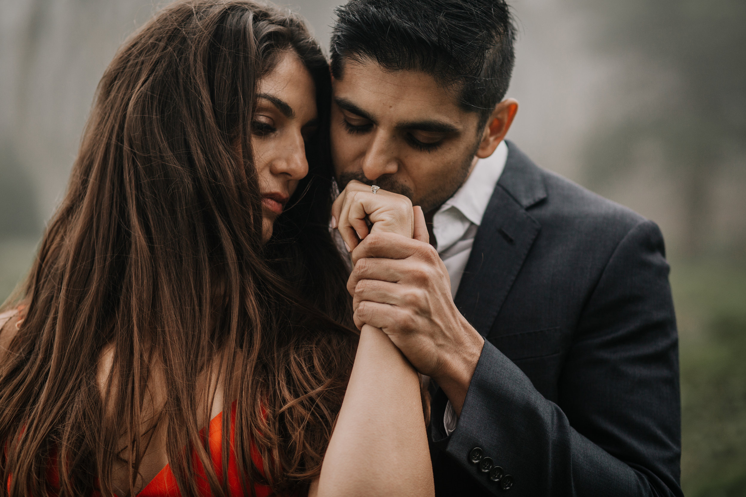 bre thurston photography | san francisco bay area wedding engagement photographer | engaged couple photo session in city, foggy forest, stormy beach, red dress