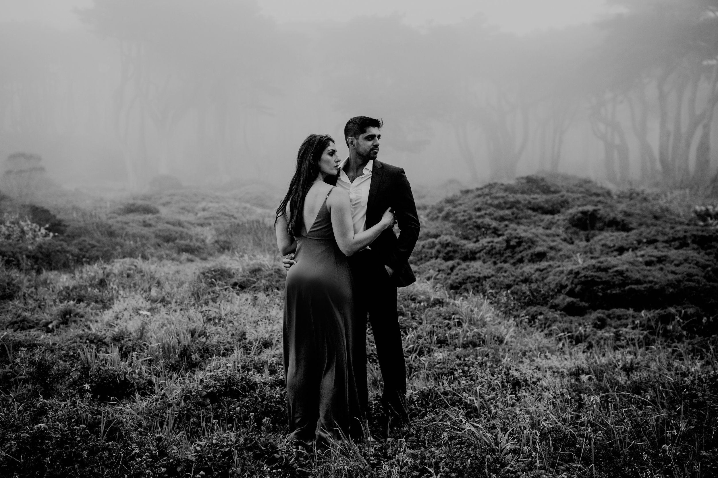 bre thurston photography | san francisco bay area wedding engagement photographer | engaged couple photo session in city, foggy forest, stormy beach, red dress