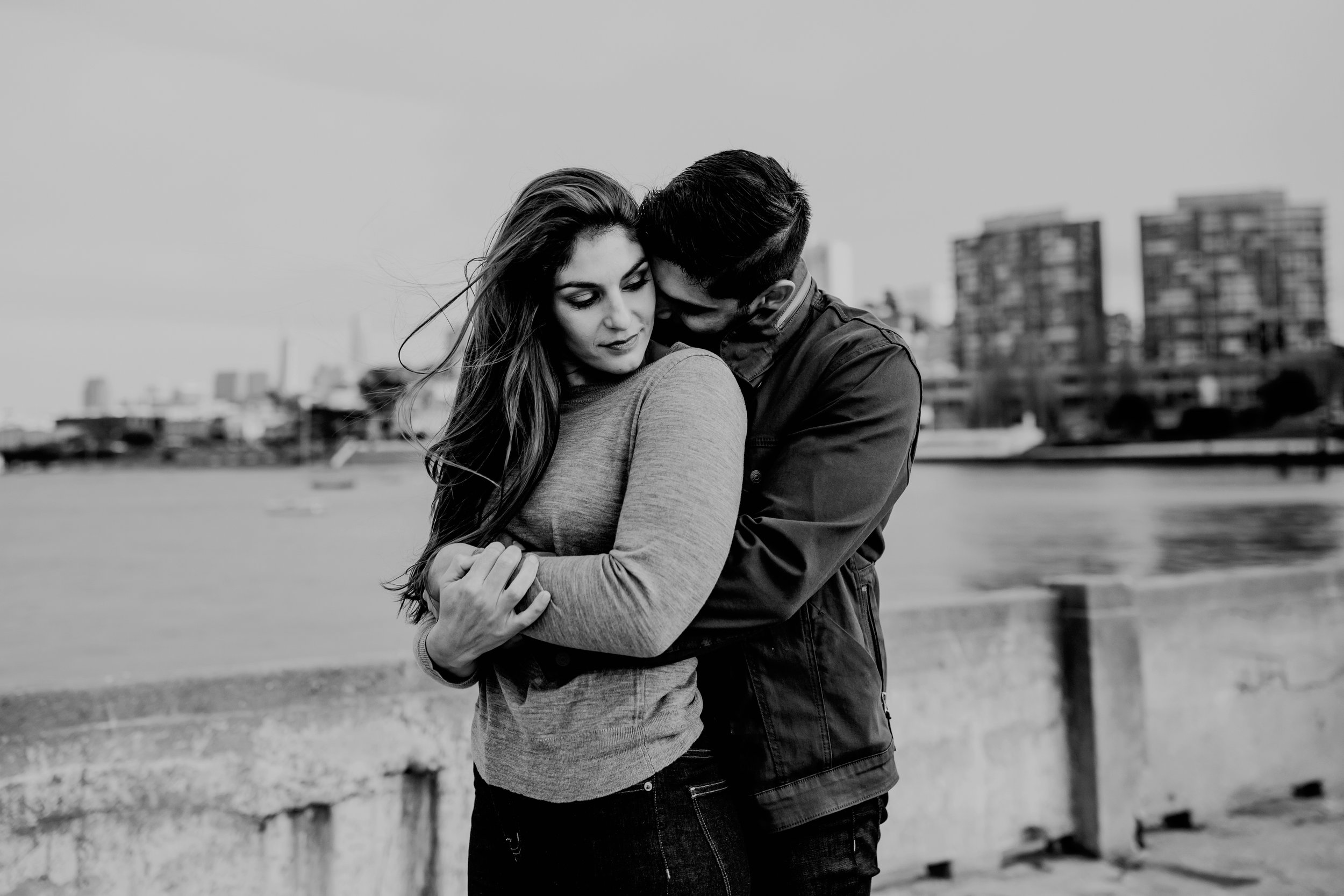 bre thurston photography | san francisco bay area wedding engagement photographer | engaged couple photo session in city, foggy forest, stormy beach, red dress