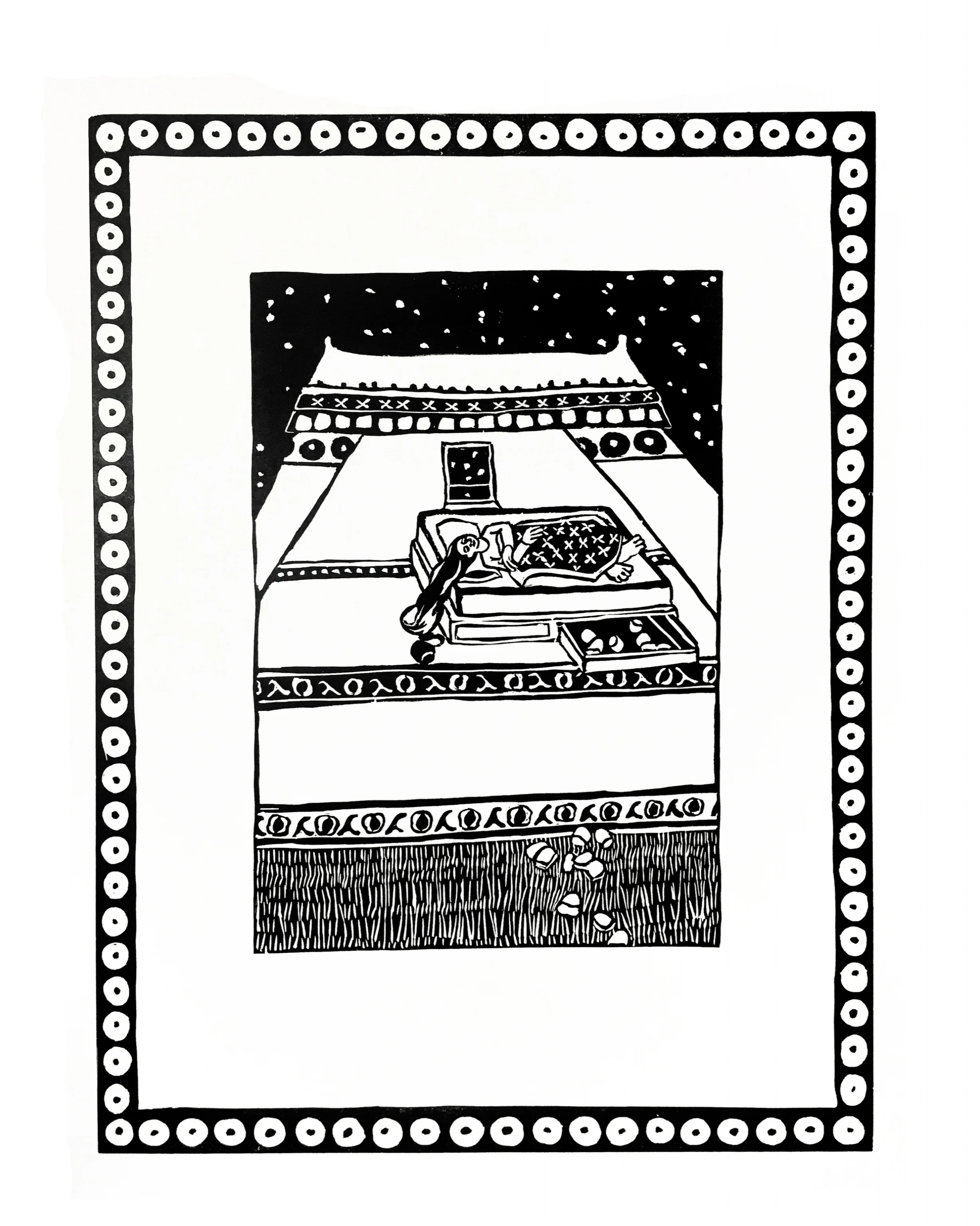 Falling teeth in a growing house woodblock print 22 x 15 inches