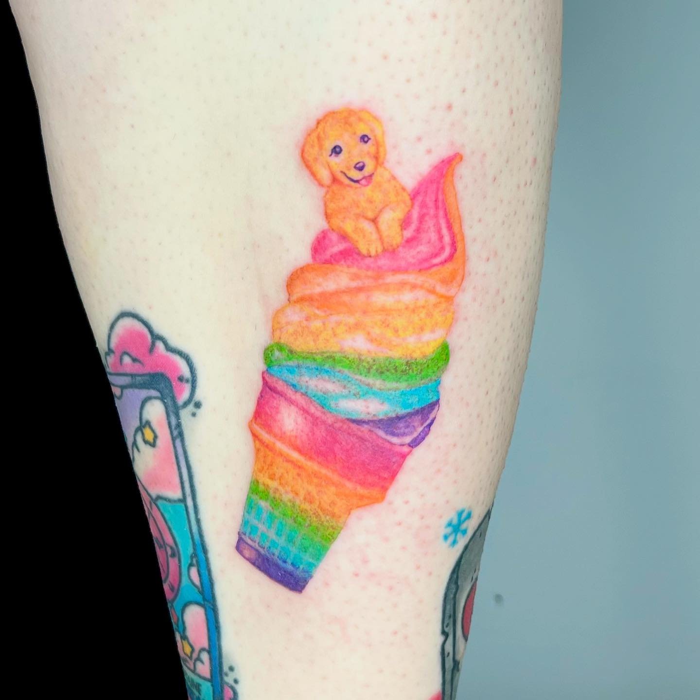 Lisa Frank Rainbow Puppy Soft Serve!!! @lisafrank 🐶🍦🌈 @junkmailtattoo 
#colortattoo #tattoo #lisafranktattoo #brooklyntattoo #tattoo #tattoonyc #flashsheet #ink #tattoos #needlework #finelinetattoo #nycflash #tattooartist #trippytattoo #cooltattoo