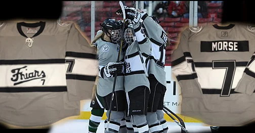 Alternate Grey Jerseys Styled after the 1963 Providence Friar jerseys These PC Friars jerseys were made by Kamazu and have everything sewn on and do NOT have a fight straps. Crest and all patches are all sewn on. These Alternate jerseys were worn during 2011, 2012 & 2013 seasons. Worn at Fenway Park in 2012 ( Frozen /Fenway patch has been removed)