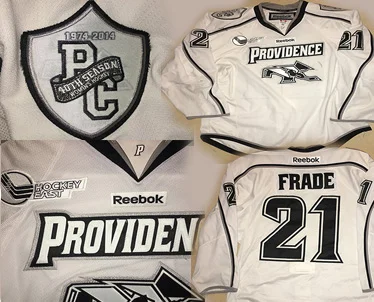 These PC Lady Friar jerseys were made by Reebok they have everything sewn on and do have a fight straps. Crest and all patches are all sewn on. These jersey were worn in 2011/12,2012/13 & 2013/14 season. In 2013/14 The 1974-2014 patch was sewn over the older patch. ( if needed you can remove it.)